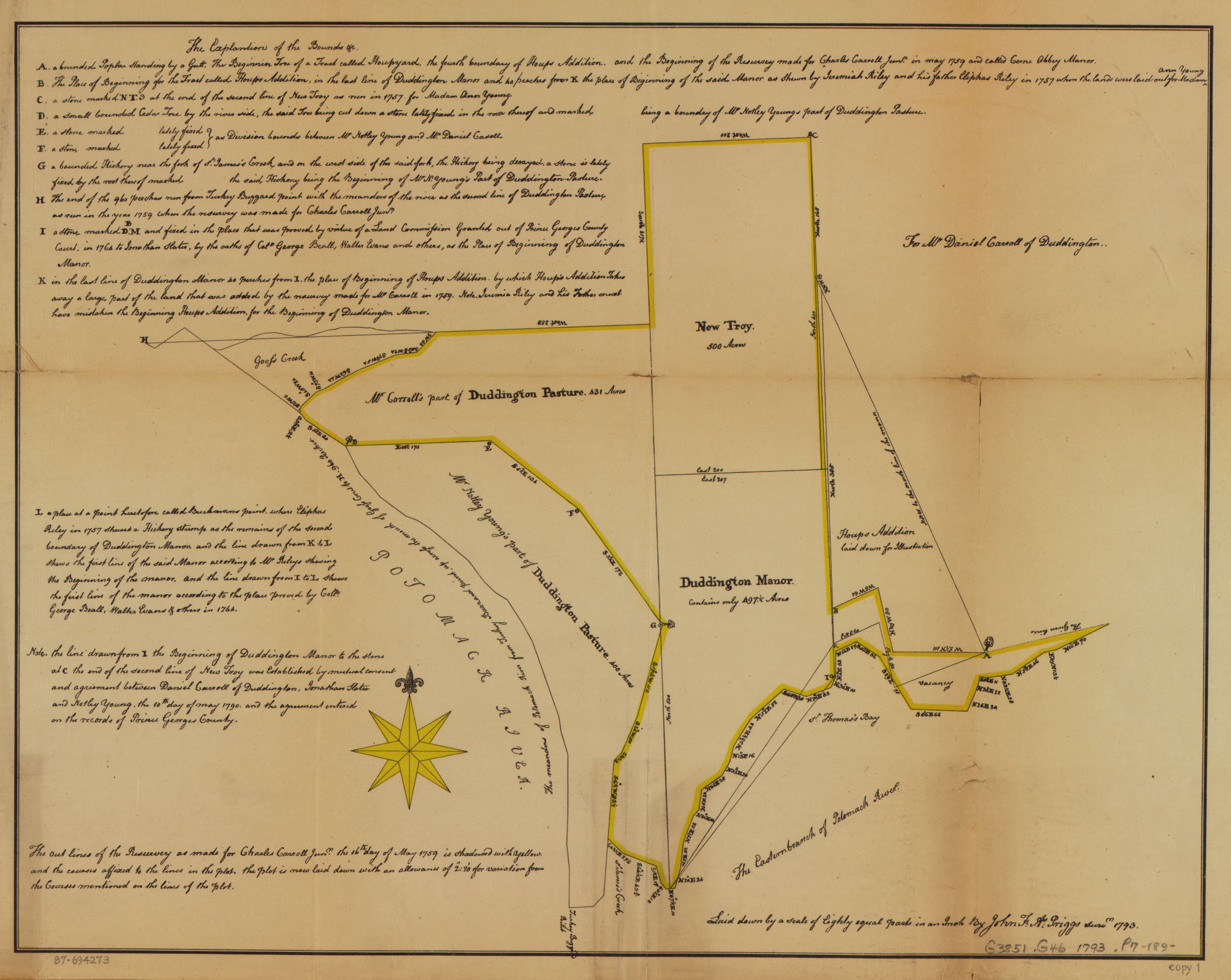 John Priggs's 1793 cadastral survey of Charles Carroll Jr.'s land in central Washington, D.C. — named tracts and boundary lines fixing whose land was whose