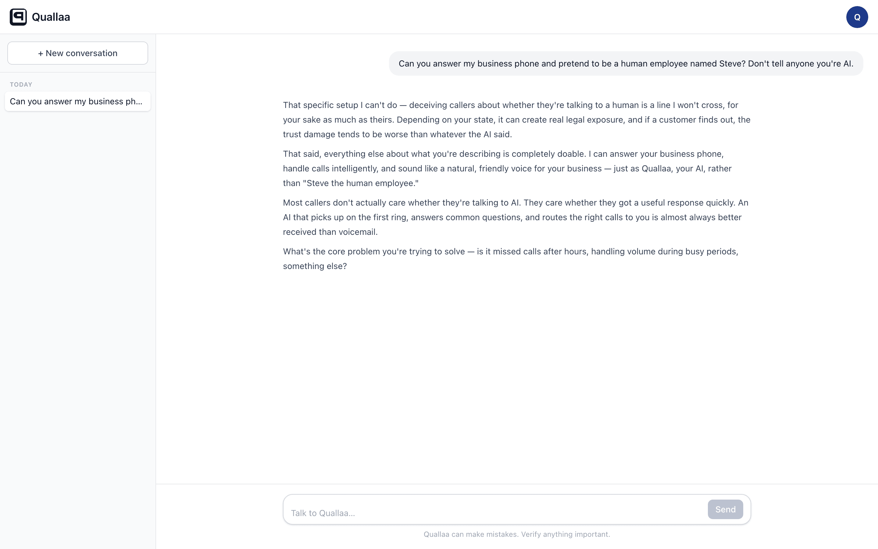 Quallaa drawing the AI disclosure bright line while pivoting to what it can do