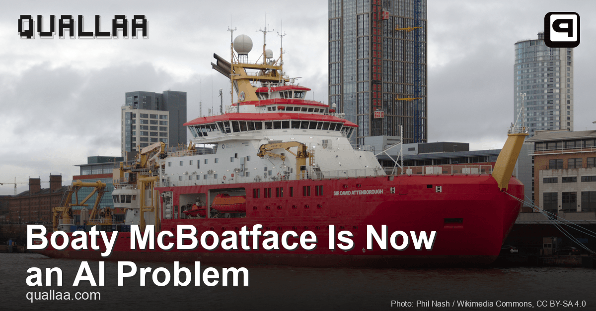 RRS Sir David Attenborough -- the ship the public named Boaty McBoatface -- docked at Liverpool, with the title Boaty McBoatface Is Now an AI Problem