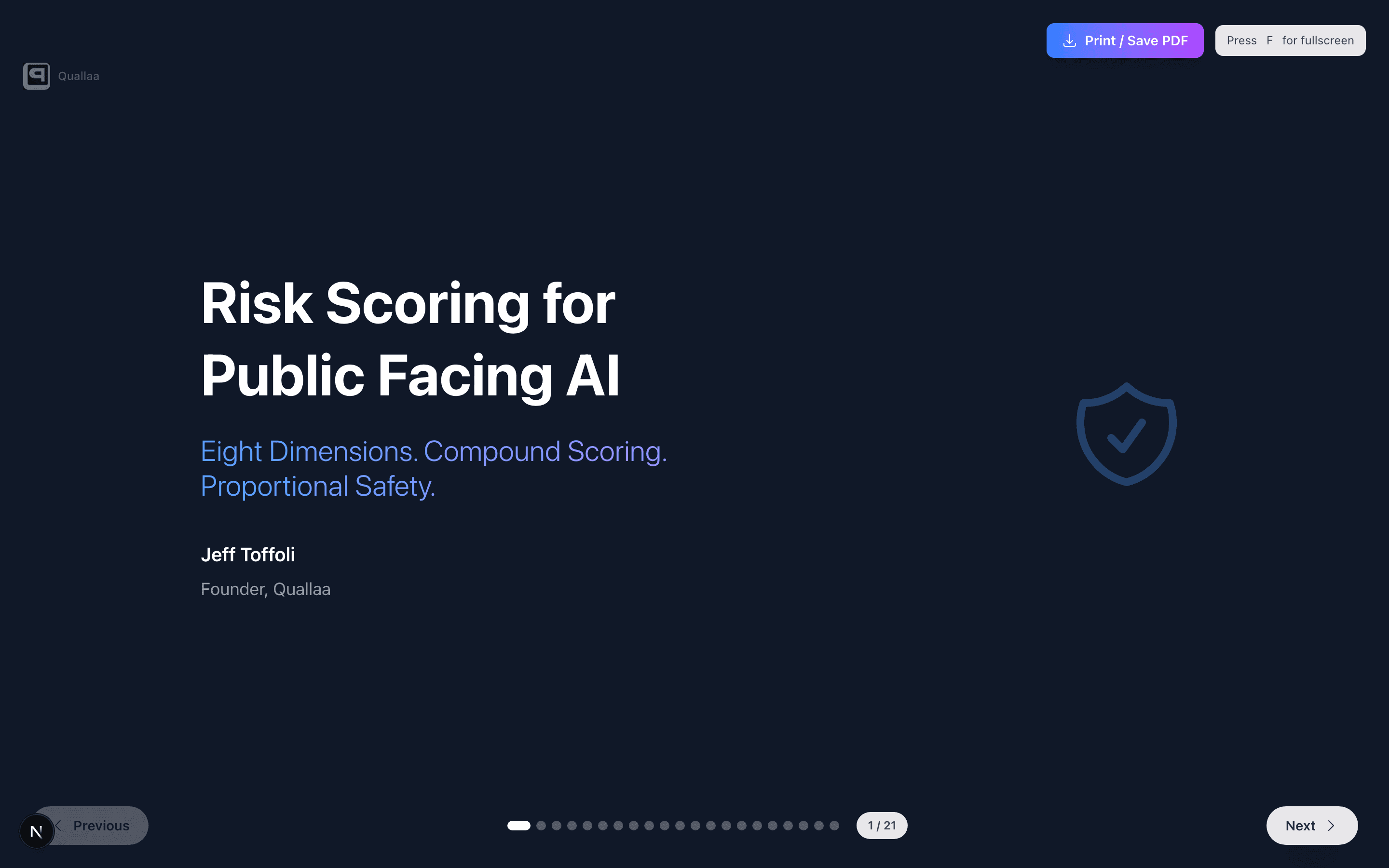 The Quallaa risk scoring presentation page, showing the eight dimensions and live deployment scoring