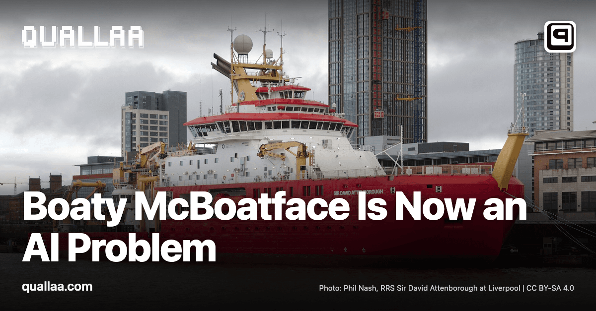 Boaty McBoatface Is Now an AI Problem — title set over the RRS Sir David Attenborough docked at Liverpool