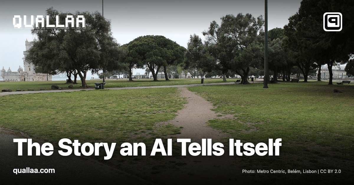 The Story an AI Tells Itself — title set over a worn dirt desire path cutting diagonally across a green field