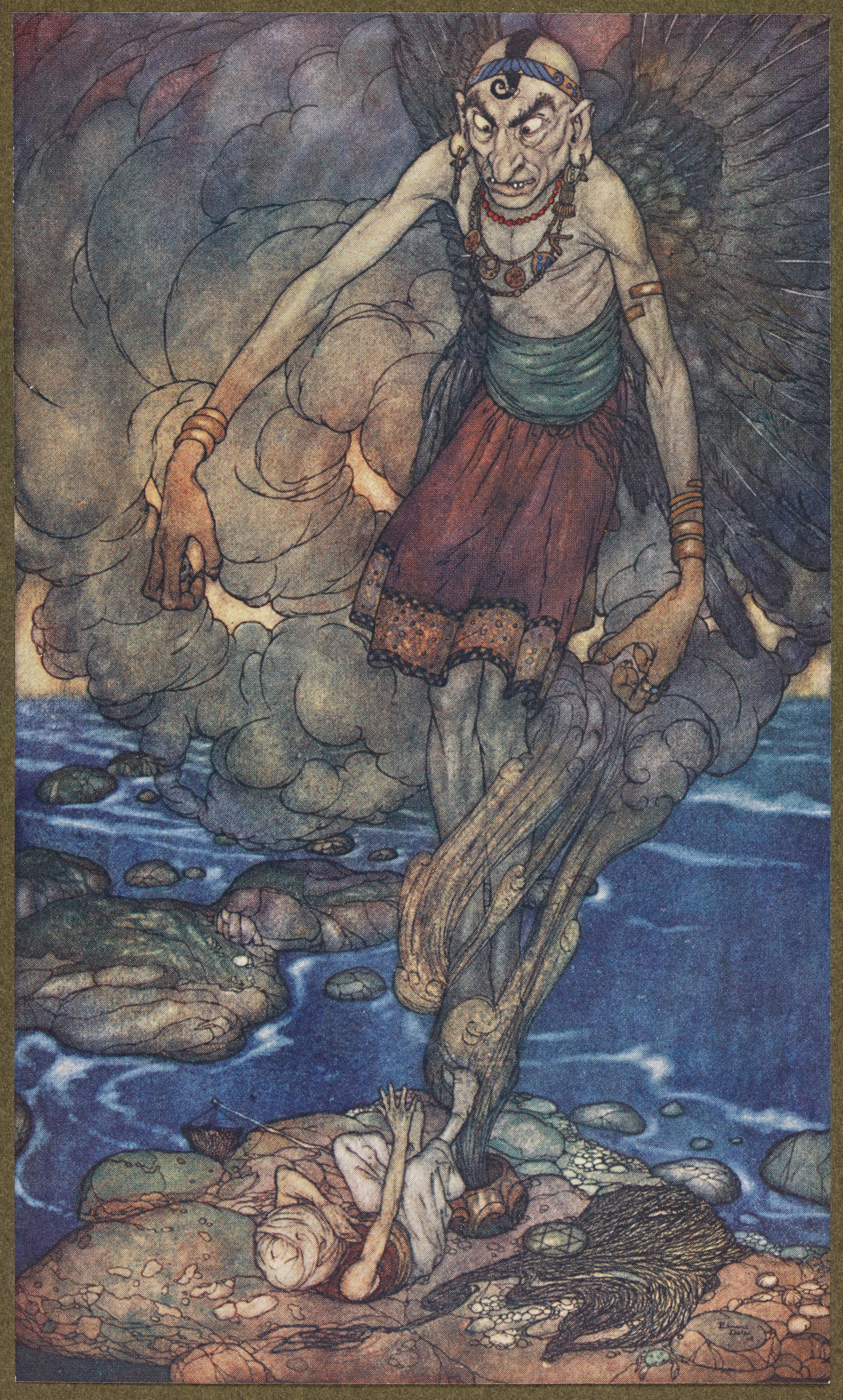 Edmund Dulac's 1907 illustration of a towering genie rising from a vessel, dwarfing a small human figure below