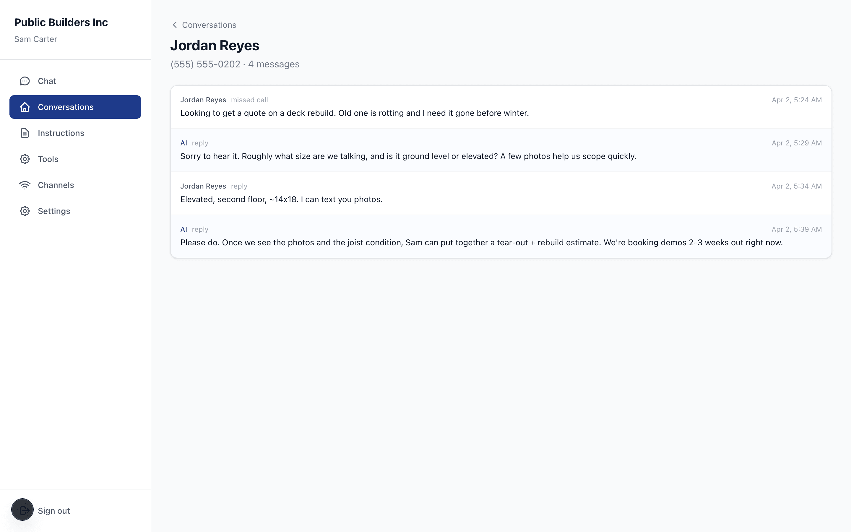 Portal conversation thread showing real customer messages flowing through to the agent unmolested
