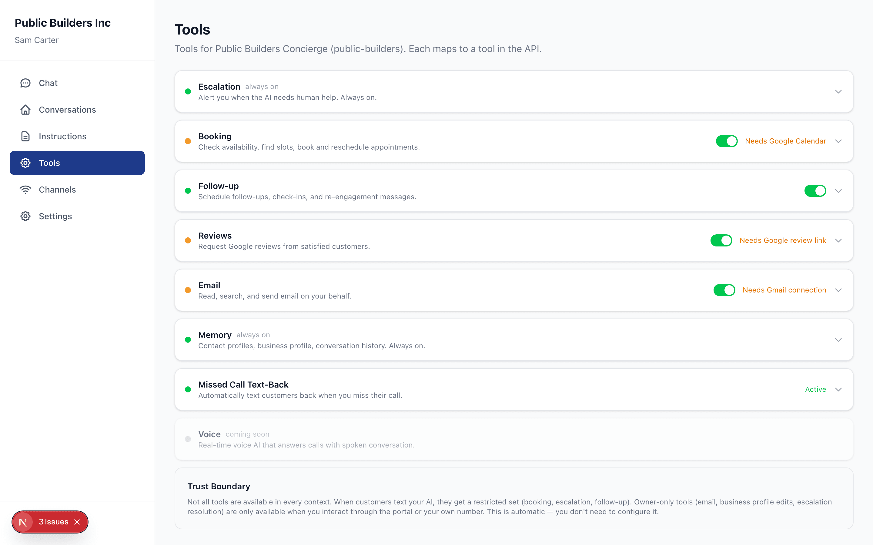 The Tools page in the Quallaa portal -- a flat list of the agent's capabilities, no workflow composer